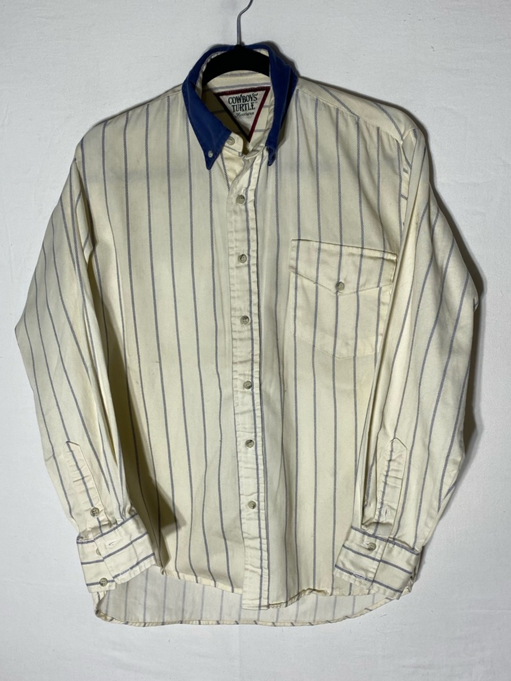 Vintage 90s Cowboy’s Turtle Cream Blue Striped Long Sleeve Button Up Shirt M